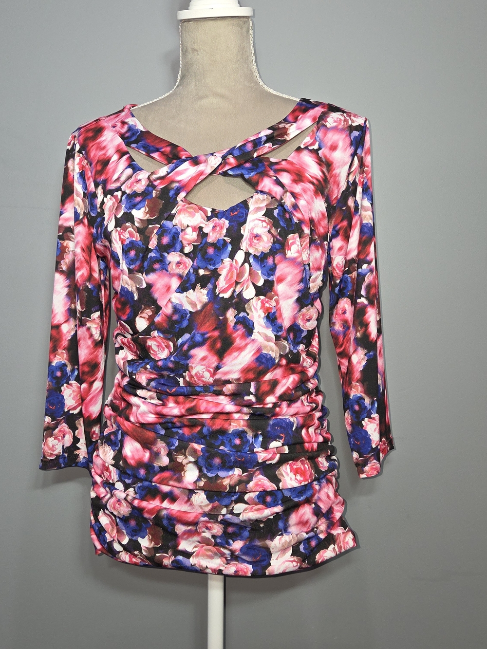 Y2K Jennifer Lopez Pink Blue Floral Cross-Front Long Sleeve Top